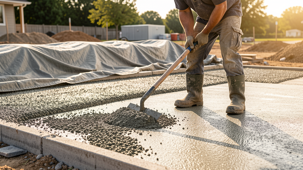 Freshly poured concrete being finished during curing process