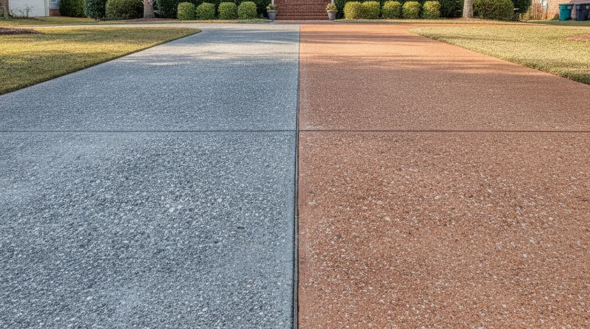 Colored concrete compared to gray concrete driveway in Sumter
